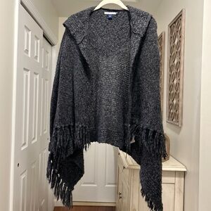 Charcoal Hooded Poncho Sweater with Fringe